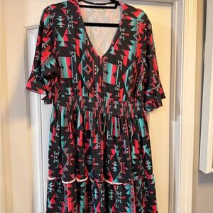 Southern Stitch Black Aztec Print Midi Dress